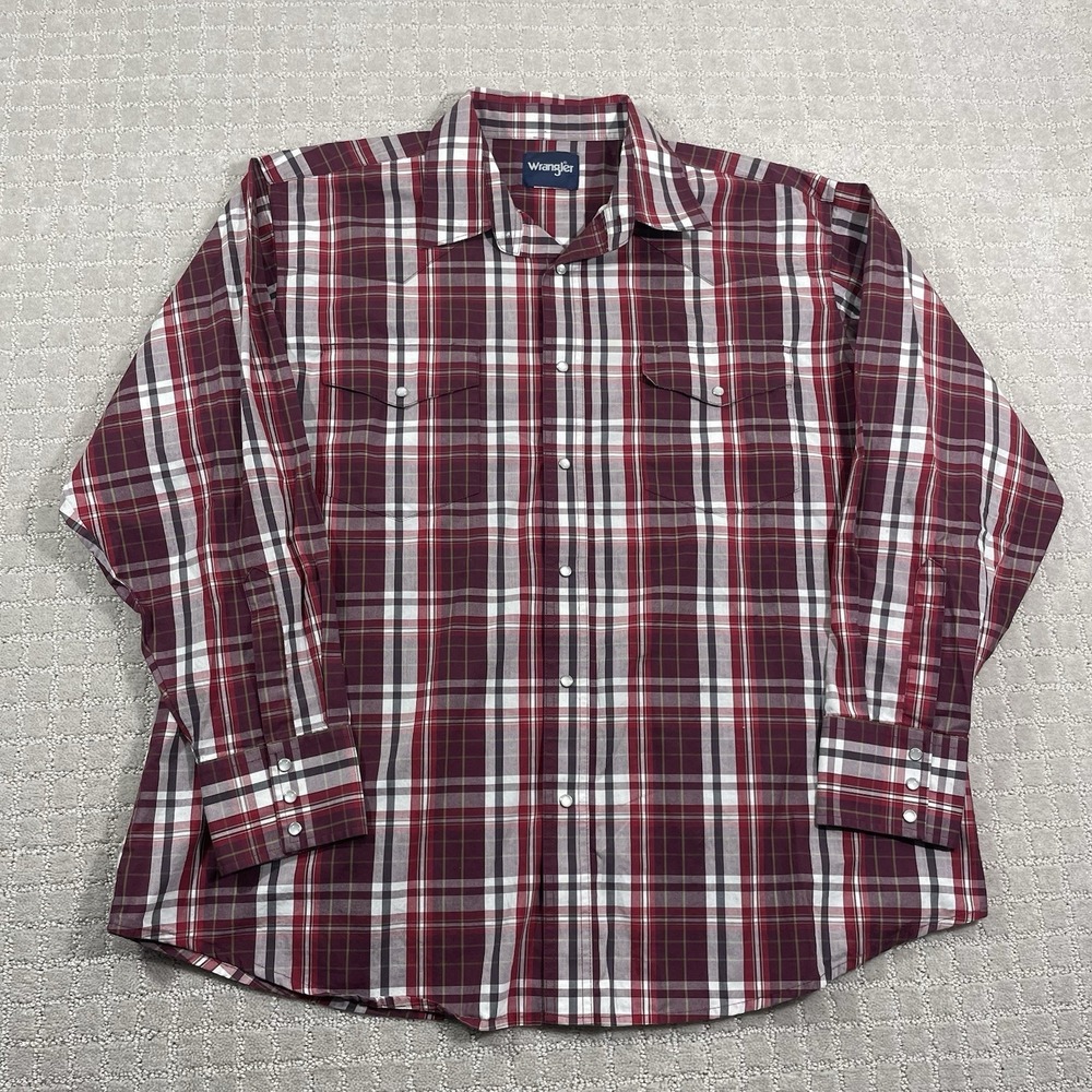Wrangler Wrancher Pearl Snap Sz 2XL Red Western Plaid Check Flannel Button Shirt